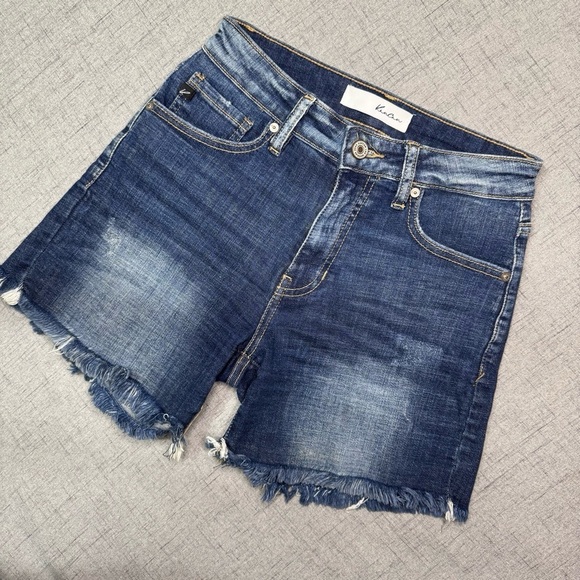 KanCan High Rise Frayed Hem Distressed Jean Shorts Dark Blue Size Small - Picture 7 of 10